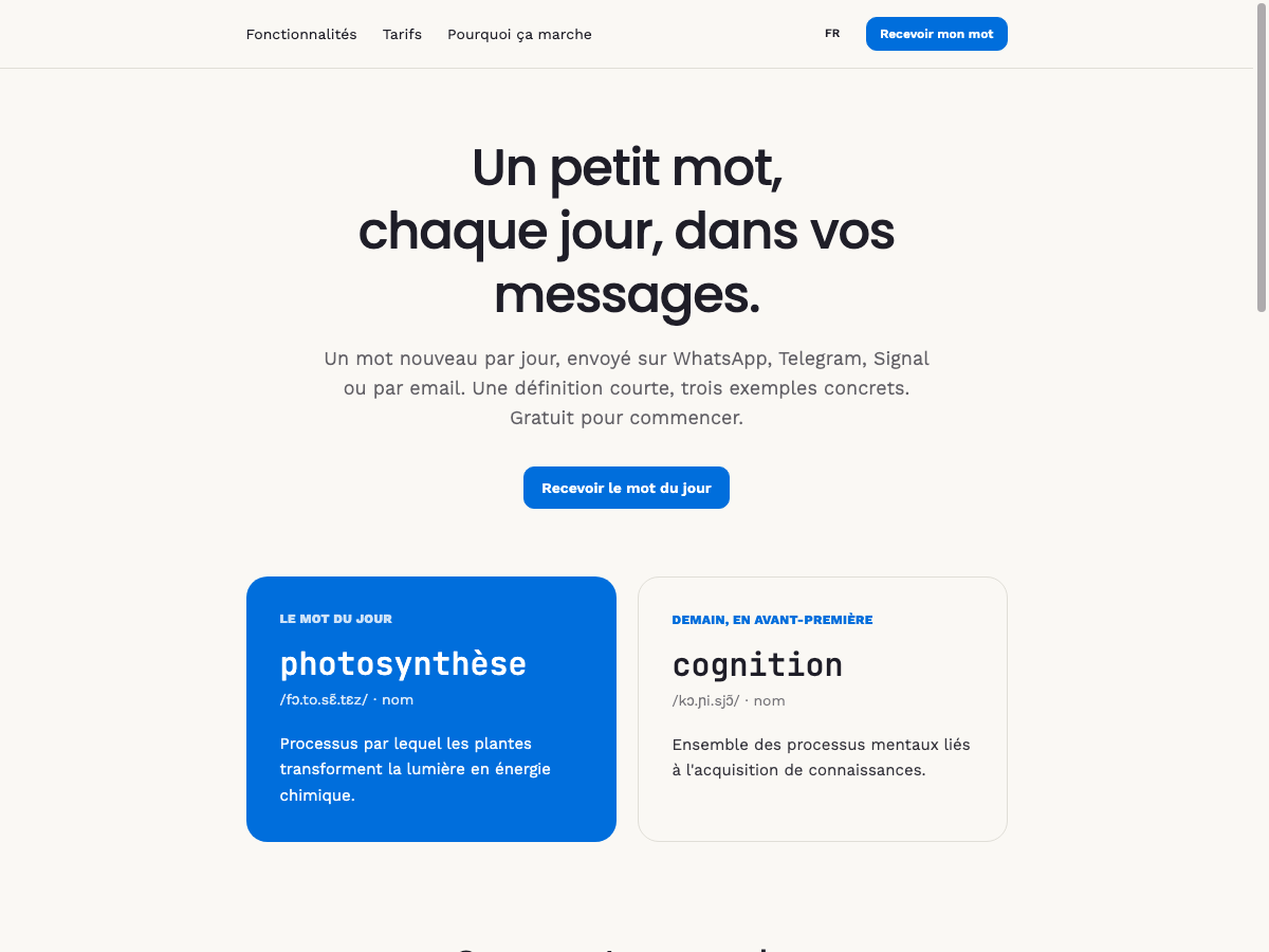 Page d'accueil de verbobum, un mot de vocabulaire par jour livré sur WhatsApp, Telegram, Signal ou email